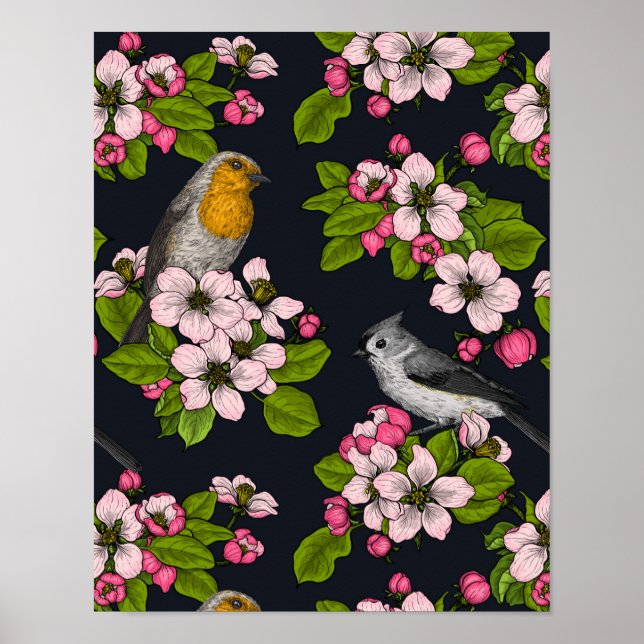 Vögel und Blüten auf schwarz Poster (Vorne)
