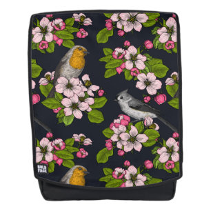Vögel und Blüten auf schwarz Rucksack