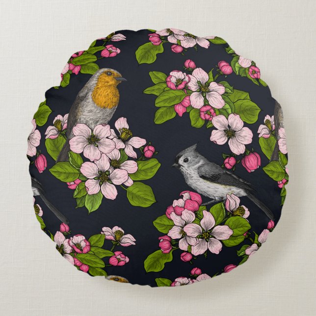 Vögel und Blüten auf schwarz Rundes Kissen (Vorderseite)