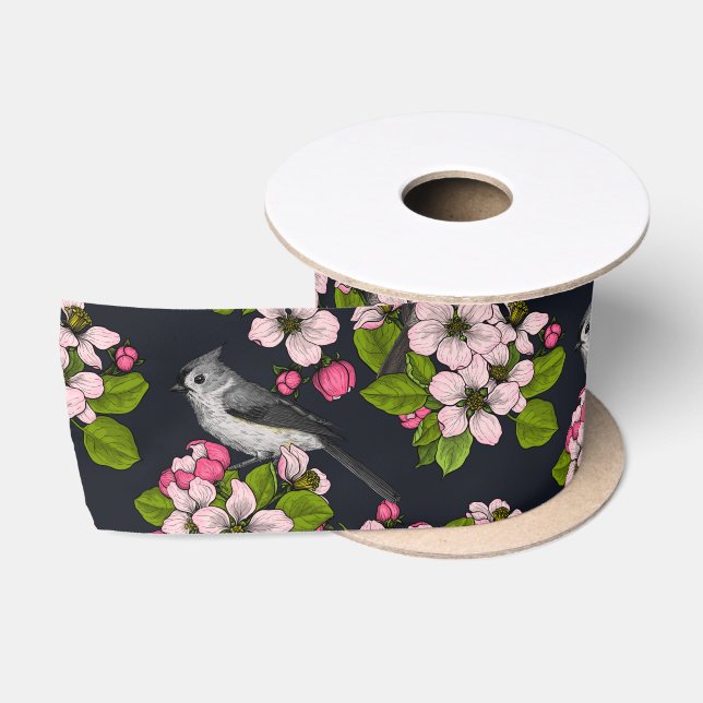 Vögel und Blüten auf schwarz Satinband (Spule)