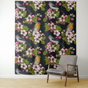 Vögel und Blüten auf schwarz Wandteppich