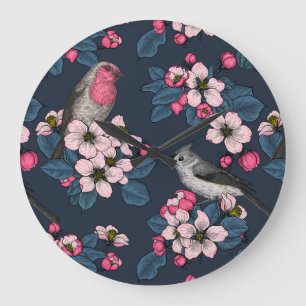 Vögel und Blüten Große Wanduhr