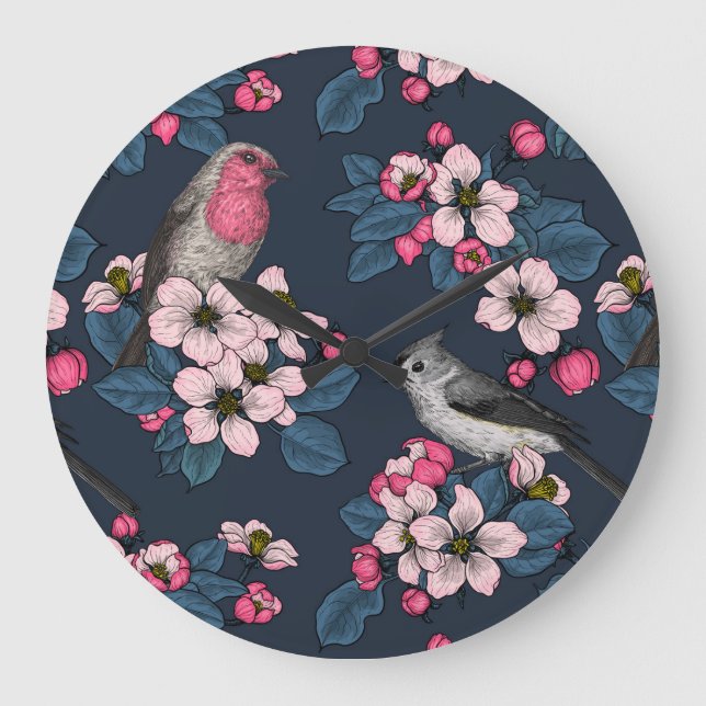Vögel und Blüten Große Wanduhr (Vorderseite)