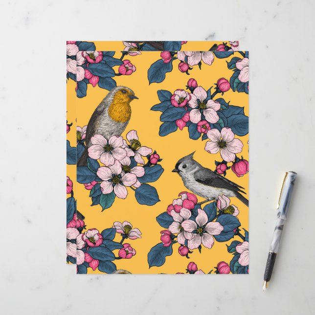 Vögel und Blüten in Gelb (Vorderseite/Rückseite Beispiel)