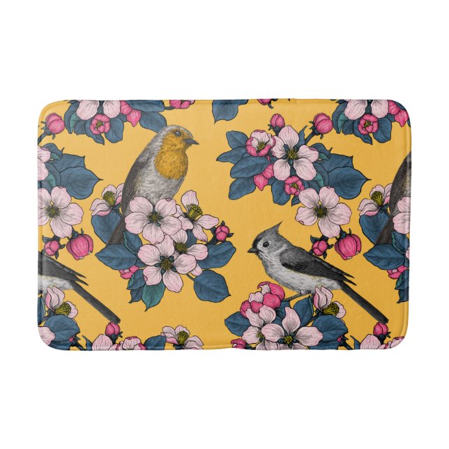 Vögel und Blüten in Gelb Badematte (Vorderseite)
