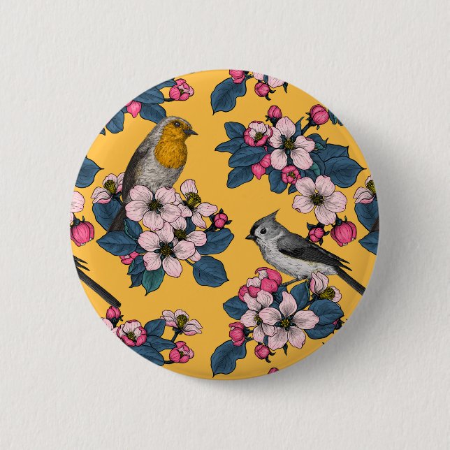 Vögel und Blüten in Gelb Button (Vorderseite)