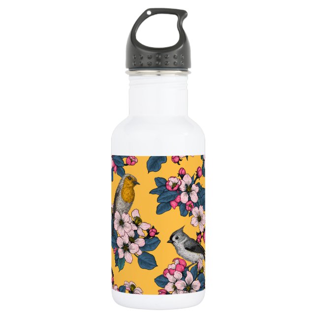 Vögel und Blüten in Gelb Edelstahlflasche (Vorderseite)