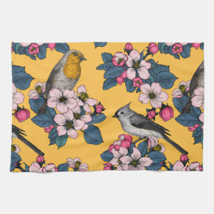 Vögel und Blüten in Gelb Geschirrtuch