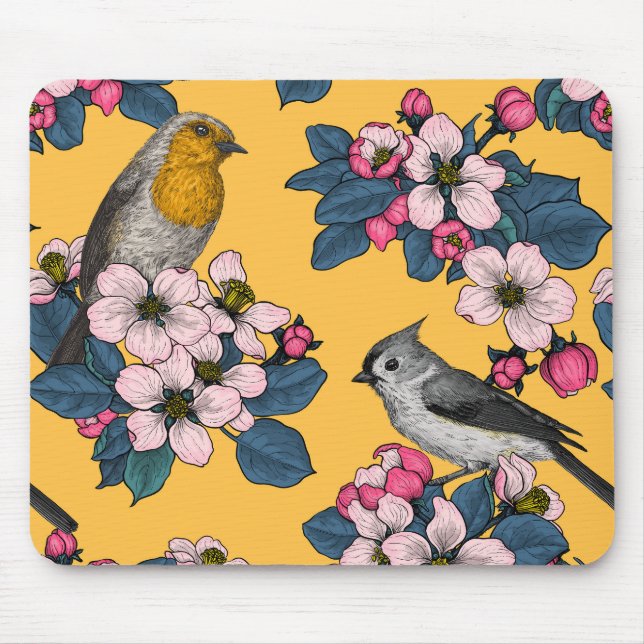 Vögel und Blüten in Gelb Mousepad (Vorne)