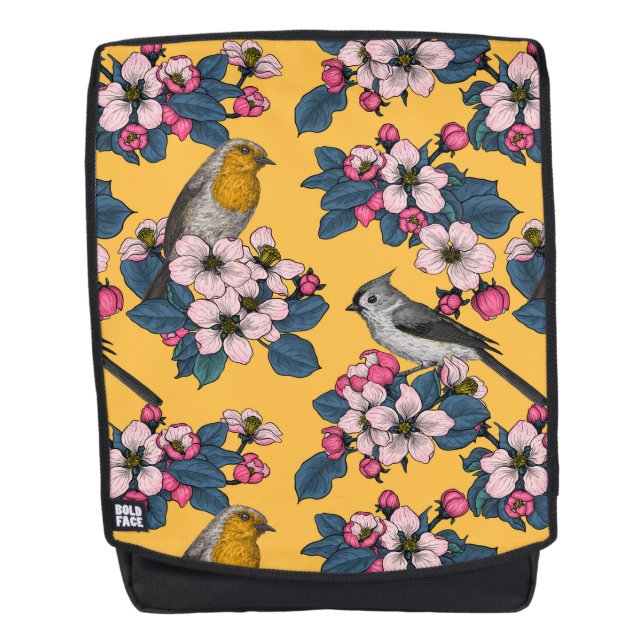 Vögel und Blüten in Gelb Rucksack (Vorderseite)