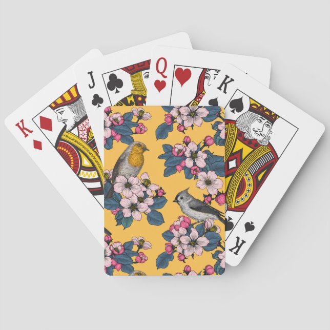 Vögel und Blüten in Gelb Spielkarten (Rückseite)