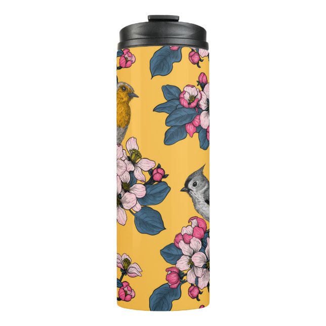 Vögel und Blüten in Gelb Thermosbecher (Vorderseite)