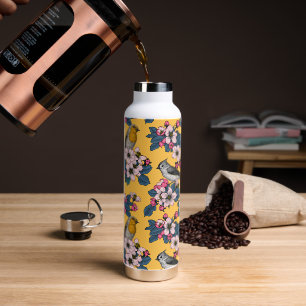 Vögel und Blüten in Gelb Trinkflasche