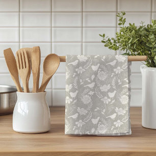 Vögel und Blüten in Tan und Creme Geschirrtuch
