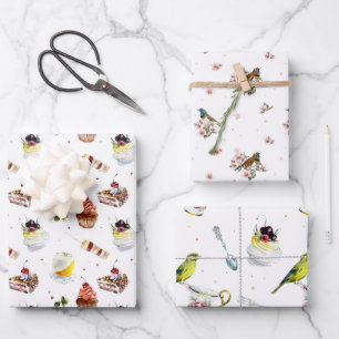 Vögel und Desserts Aquarell Polterabend Geschenkpapier Set