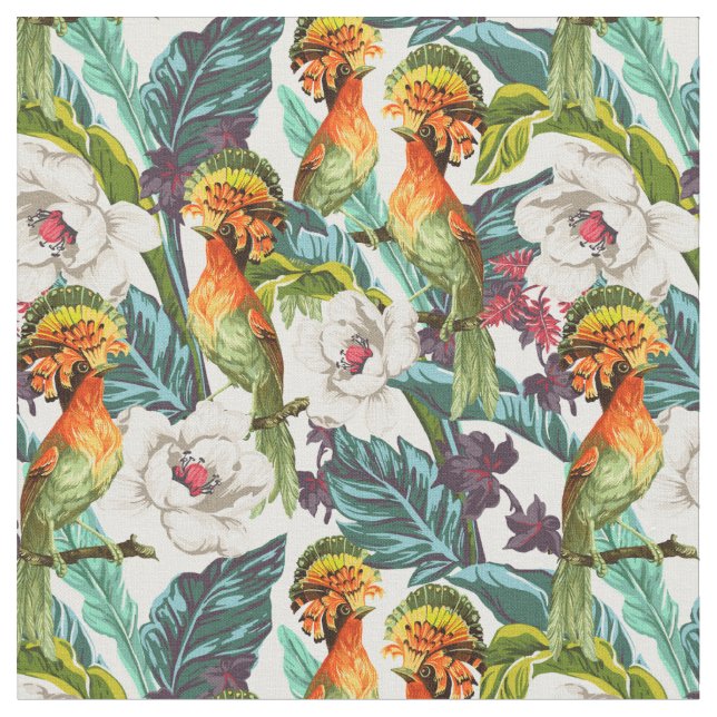 Vogel und exotisches Blumen-Muster Stoff (Nahaufnahme)