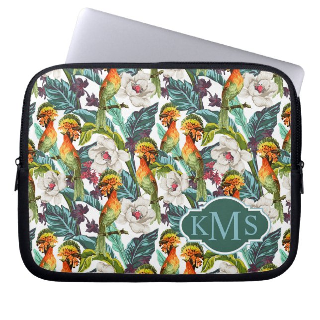 Vogel und exotisches Monogramm des Blumen-Muster-| Laptopschutzhülle (Vorderseite)