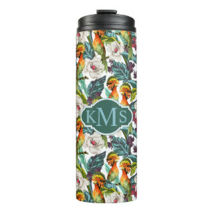 Vogel und exotisches Monogramm des Blumen-Muster-  Thermosbecher