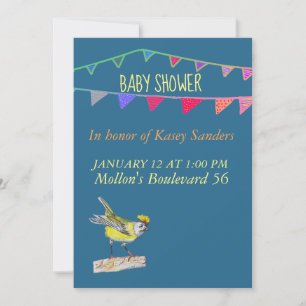 Vogel und Flaggen Blaue Babyparty-Einladung Einladung