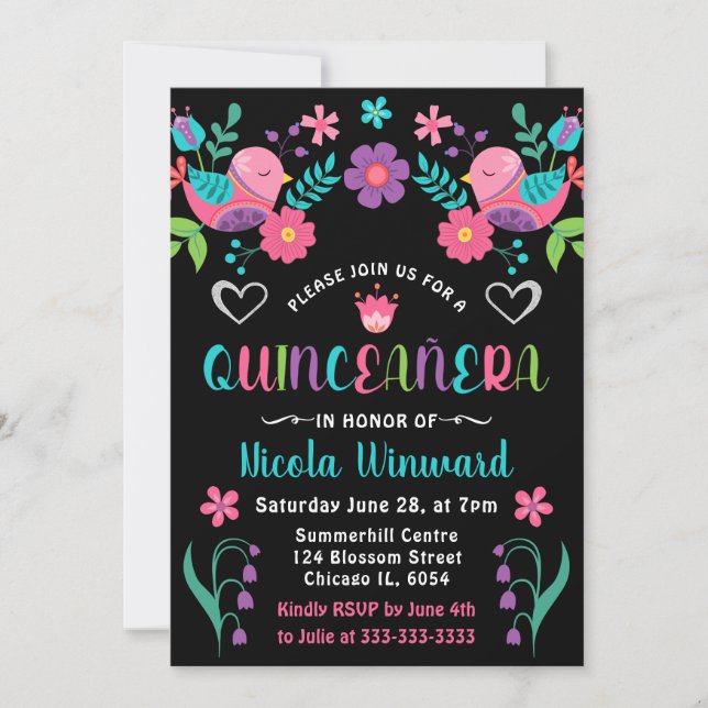 Vögel und florale mexikanische Fiesta Quinceañera Einladung (Vorderseite)
