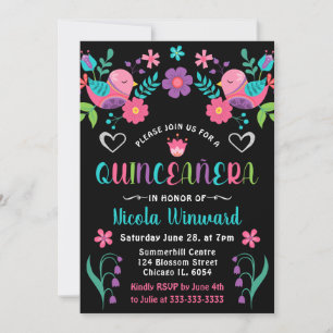 Vögel und florale mexikanische Fiesta Quinceañera Einladung