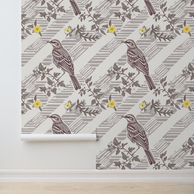 Vogel- und Gelbblüten Tapete (Anwendung)