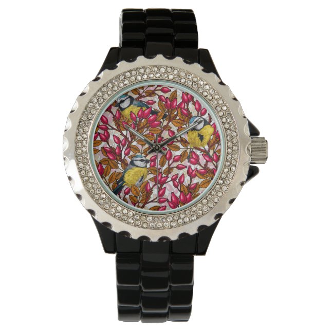 Vögel und Hunde Rose Hüften Armbanduhr (Vorderseite)