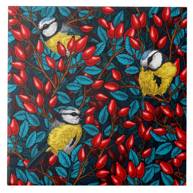 Vögel und Hunde Rose Hüften, blau und rot Fliese (Vorderseite)