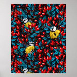 Vögel und Hunde Rose Hüften, blau und rot Poster