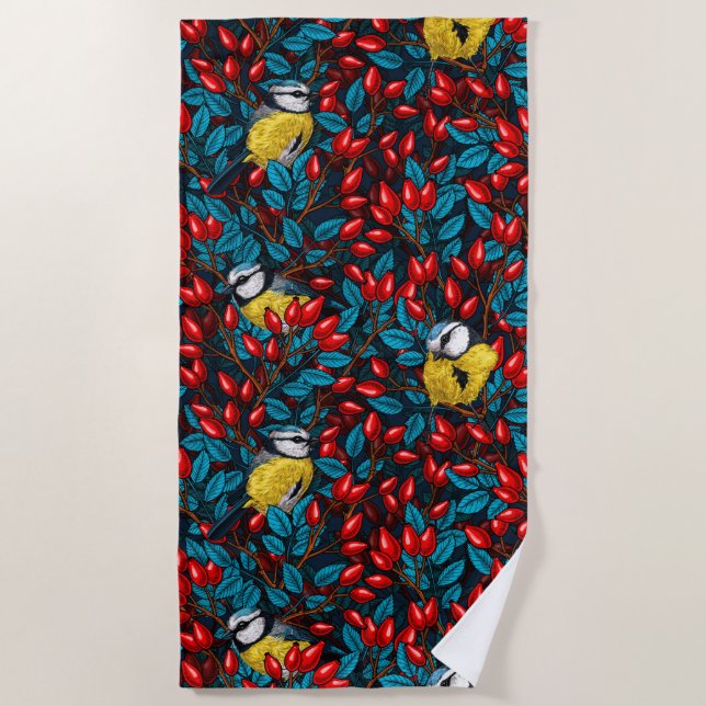 Vögel und Hunde Rose Hüften, blaues und rotes Bade Strandtuch (Vorderseite)