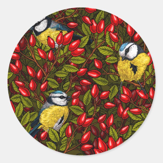 Vögel und Hunde Rose Hüften, grün und rot Runder Aufkleber (Vorderseite)