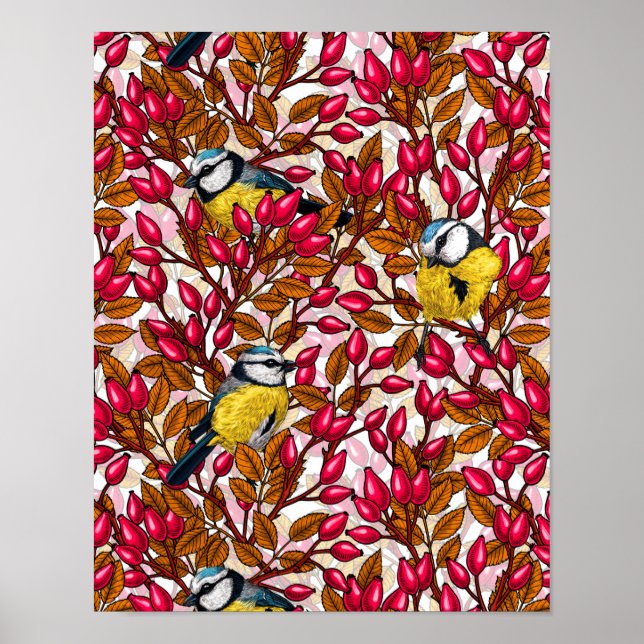 Vögel und Hunde Rose Hüften Poster (Vorne)