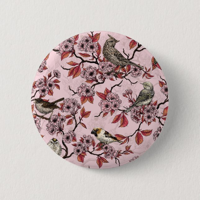 Vögel und Kirschblüten auf rosarot Button (Vorderseite)