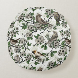 Vögel und Kirschblüten auf Weiß Rundes Kissen