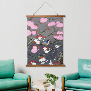 Vogel und Kirschblüten Bakufu Ohno 1949 Wandteppich Mit Holzrahmen