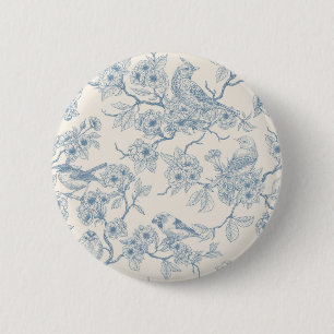 Vögel und Kirschblüten in Blau und Creme Button