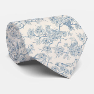 Vögel und Kirschblüten in Blau und Creme Krawatte