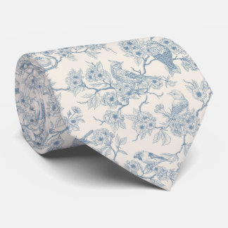 Vögel und Kirschblüten in Blau und Creme Krawatte
