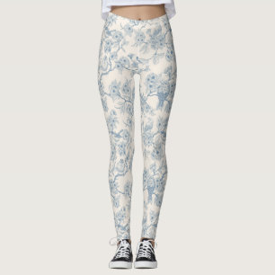 Vögel und Kirschblüten in Blau und Creme Leggings