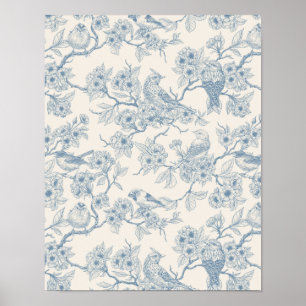 Vögel und Kirschblüten in Blau und Creme Poster