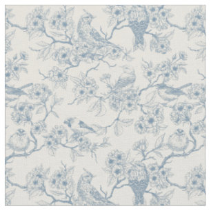 Vögel und Kirschblüten in Blau und Creme Stoff
