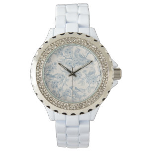 Vögel und Kirschblüten in Blau und Cremeweiß Armbanduhr