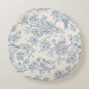 Vögel und Kirschblüten in Blau und Cremeweiß Rundes Kissen