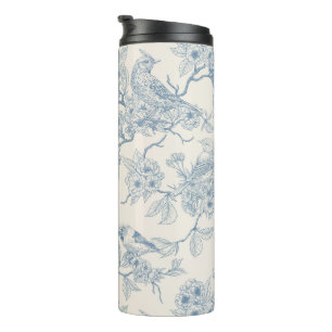 Vögel und Kirschblüten in Blau und Cremeweiß Thermosbecher