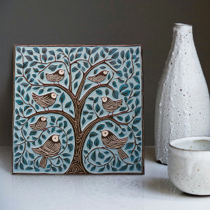 Vögel und Lebensbaum gedämpftes Blau Art Nouveau Fliese