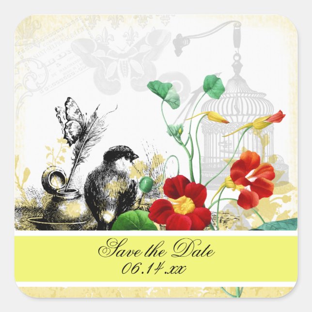 Vögel und Orange Nasturtien Save the Date Stickers (Vorderseite)