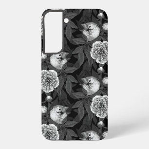 Vögel und Pfingstrosenblüten monochrom, grau Samsung Galaxy Hülle