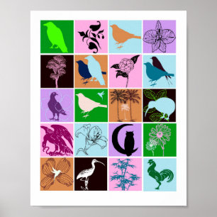 Vögel und Pflanze Silhouette Tierkollage Art Poster