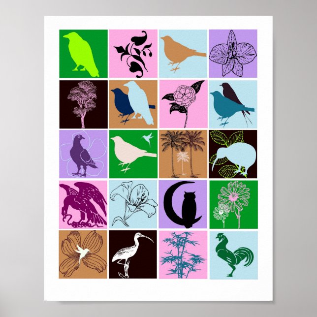 Vögel und Pflanze Silhouette Tierkollage Art Poster (Vorne)