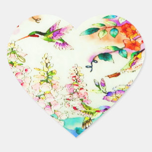 Vögel und rosa Blume Landschaft Herz-Aufkleber